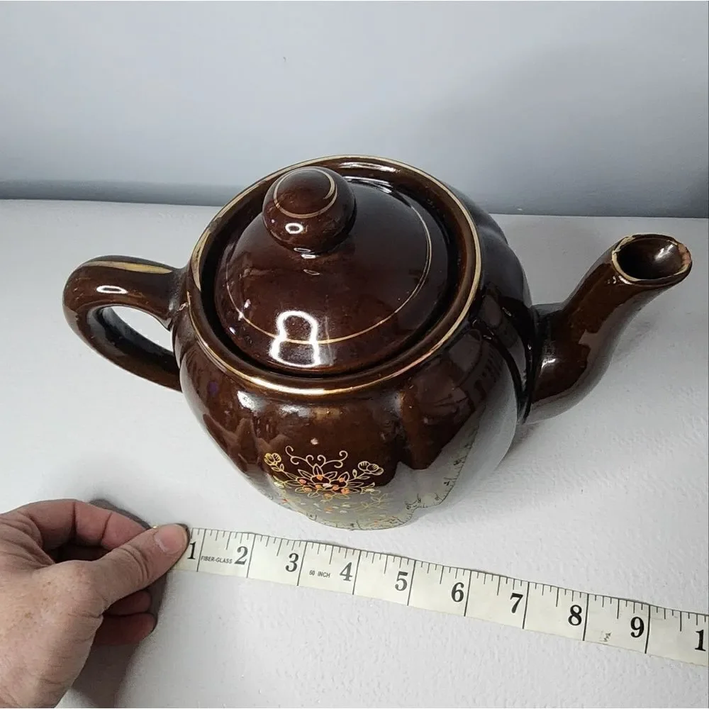 Brown Betty Teapot Japan Redware Hand Paint Pottery Moriage Style Enamel Vtg EUC